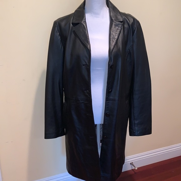 Black Leather Trench Coat Mob Wife Midi Buttons Matrix Preppy Dark Academia - Picture 5 of 14